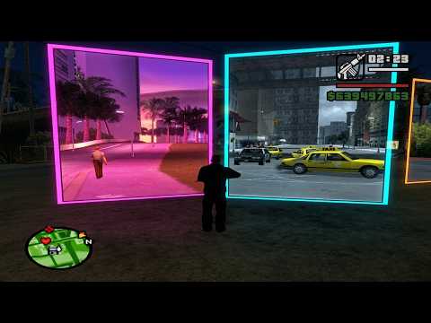 Capture de la démonstration du mod de Dryxio : des portails relient San Andreas, GTA III et Vice City. Voir la vidéo YouTube associée.