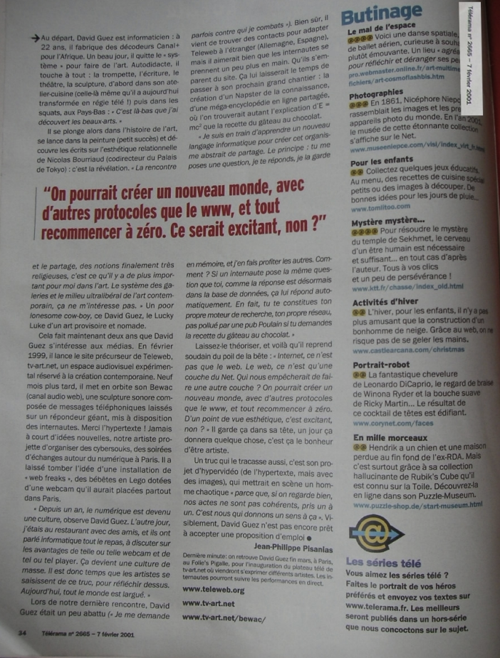 Suite de « Le libéré des chaînes », Télérama, 7 février 2001, p. 34. Archive transmise par David Guez ; © Télérama.