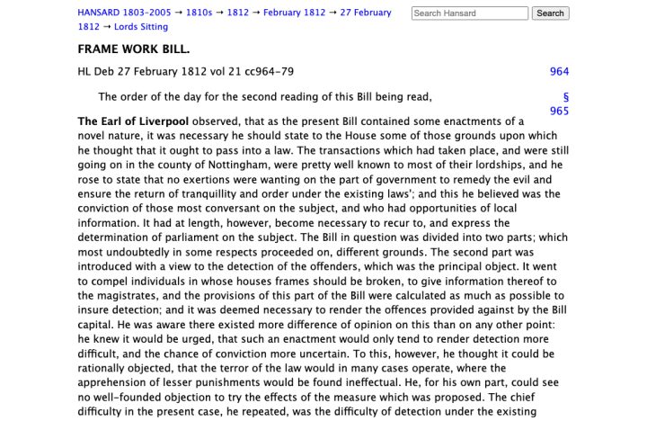Hansard — Lord Byron on the Frame Work Bill (1812)
