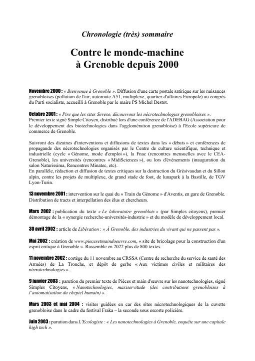 Pièces et main d’œuvre — Chronologie