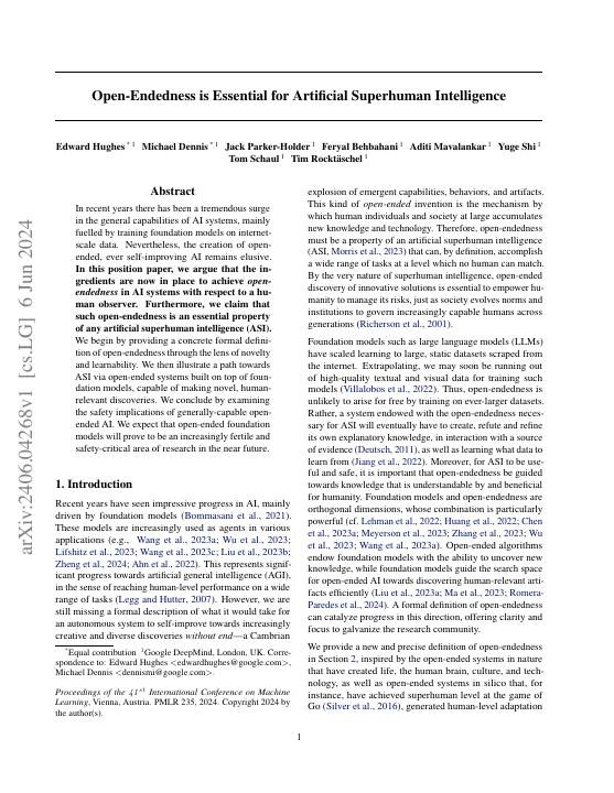 Open-Endedness is Essential for Artificial Superhuman Intelligence