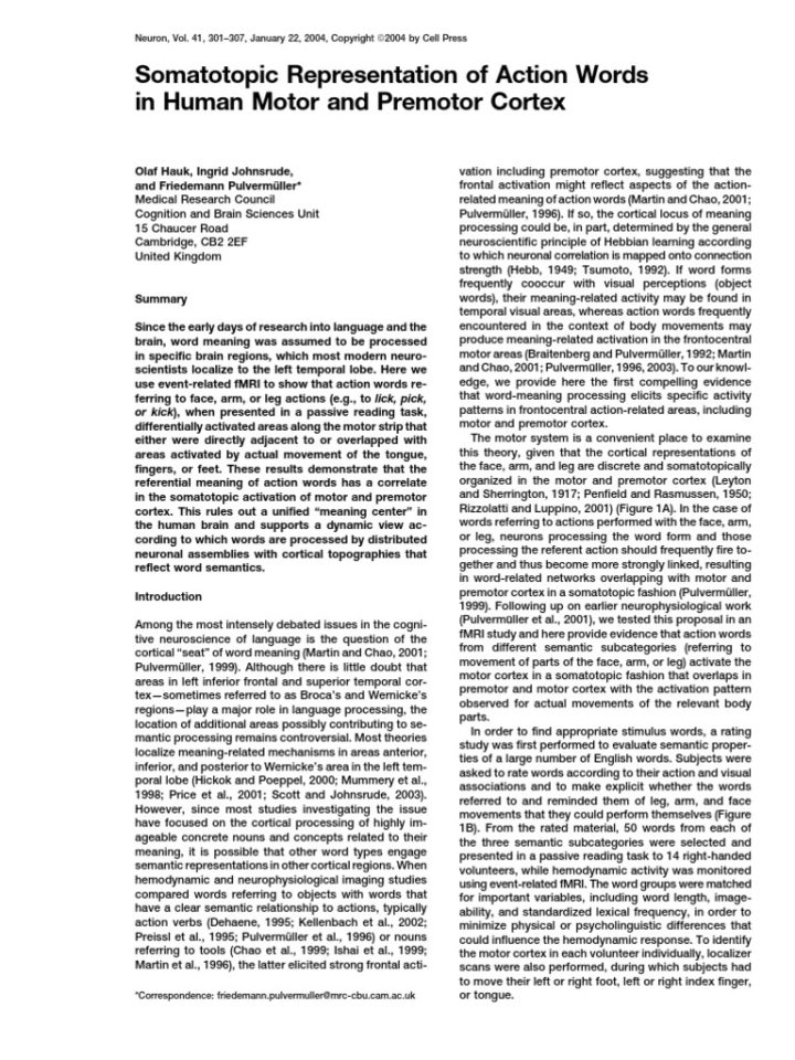 Hauk, Johnsrude et Pulvermüller, Somatotopic representation of action words, Neuron, 2004.