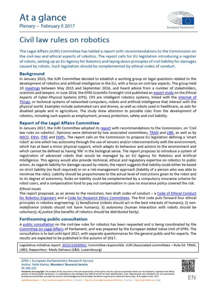 European Parliament — report on civil law rules on robotics, 2017